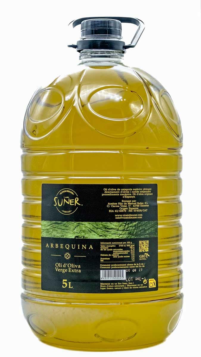 Oli d'oliva Arbequina 5L Fotografia de l'oli d'oliva verge extra d'Arbequina 5L.