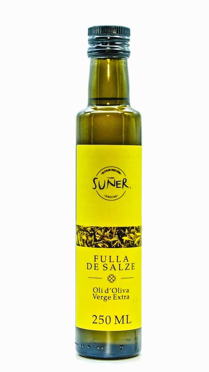 Oli d'oliva fulla de salze 250ml Fotografia de l'oli d'oliva Fulla de Salze de 250 ml.